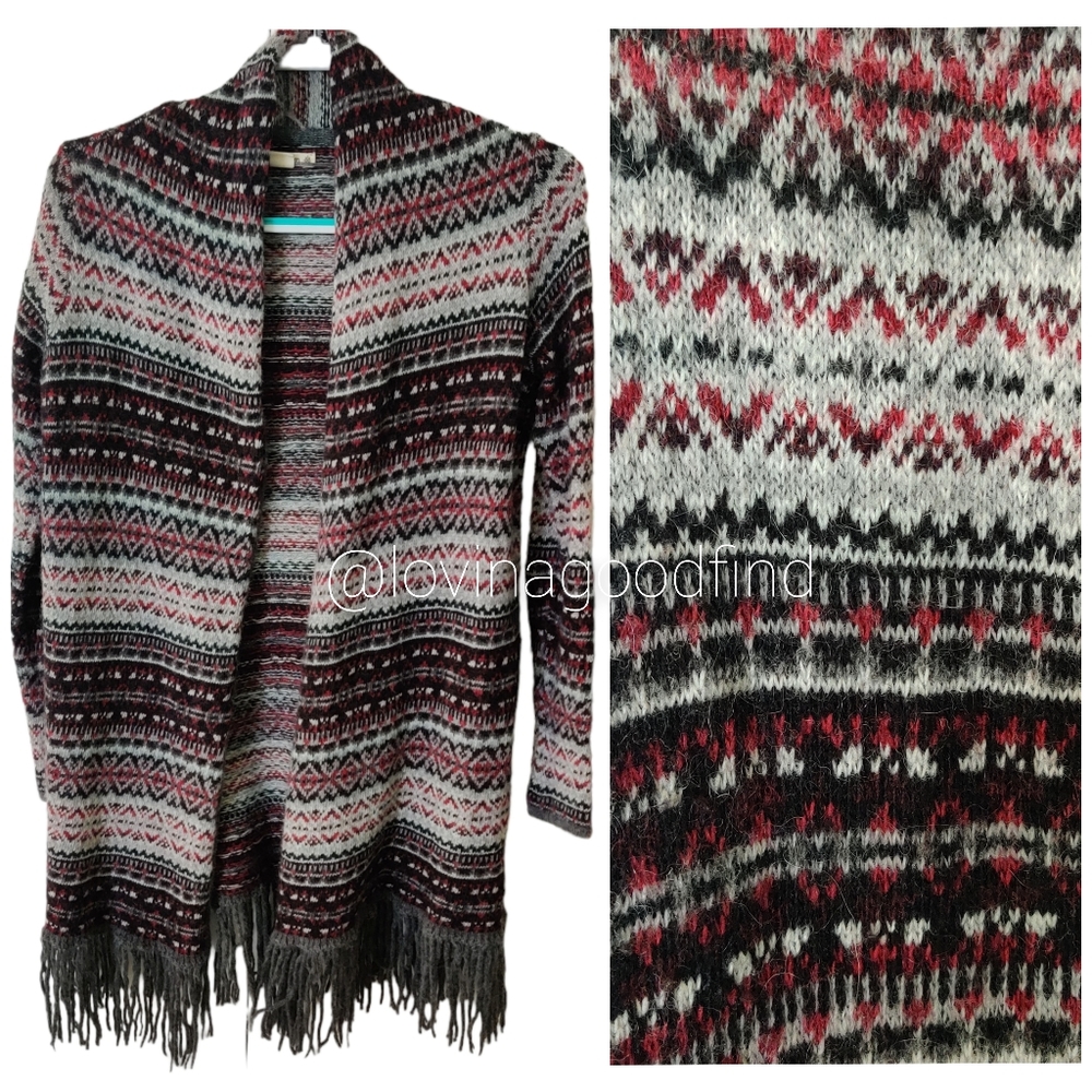 Ruff Hewn Fair Isle Open Wool Blend Petite Alpaca Mohair Fringe Cardigan EUC SP